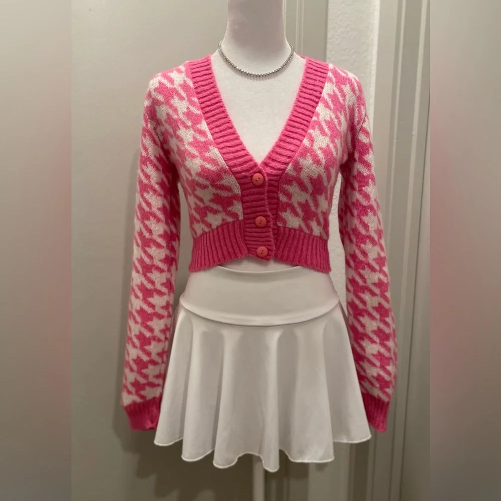 NastyGal Got Knit Right Barbiecore Pink & White Houndstooth Cropped Cardigan - S - Picture 12 of 17